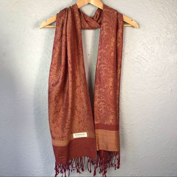 Womens Gold Burgundy Pashmina Slk Scarf - Picture 1 of 8